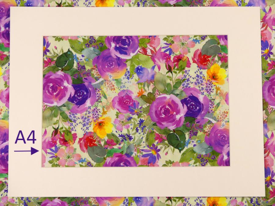 Patchworkstoff Clothworks Flowershop Rosen in lila und bunte Blumen A4 Ausschnitt